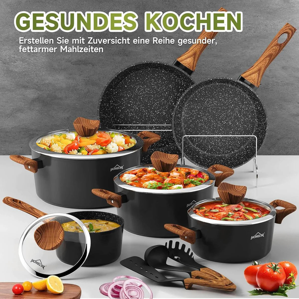Set of cookware with food on a gray background, featuring the brand 'Gesundes Kochen'.