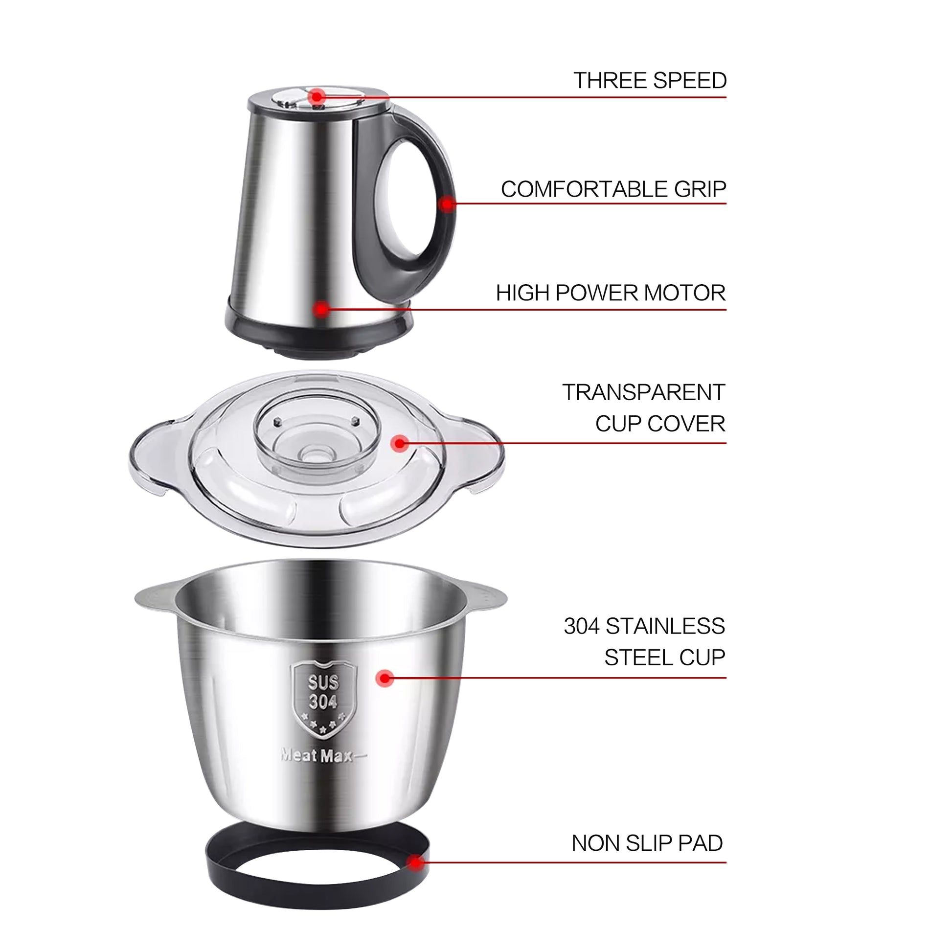 Stainless steel electric kettle with labeled features on a white background