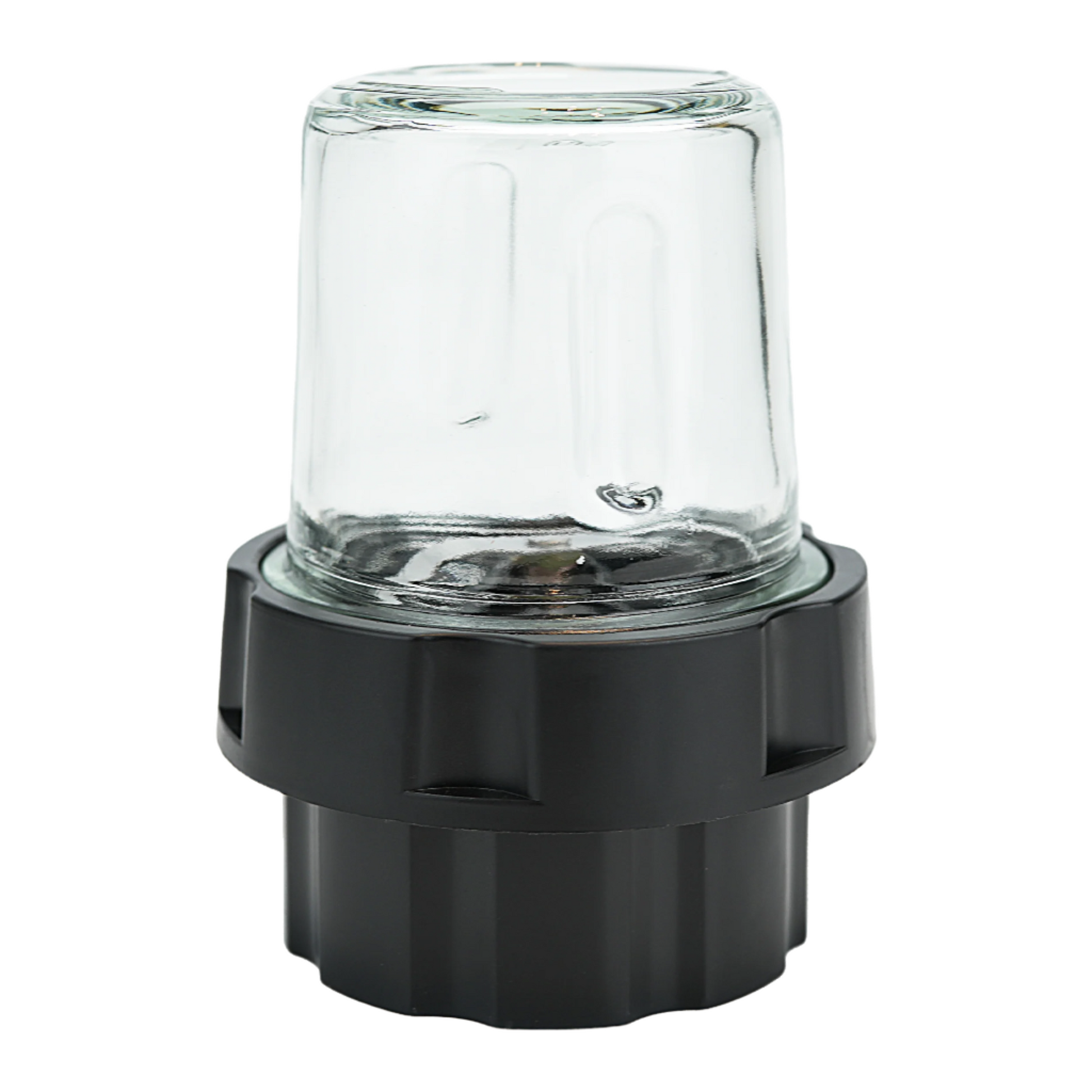 Glass coffee grinder with black base on a white background