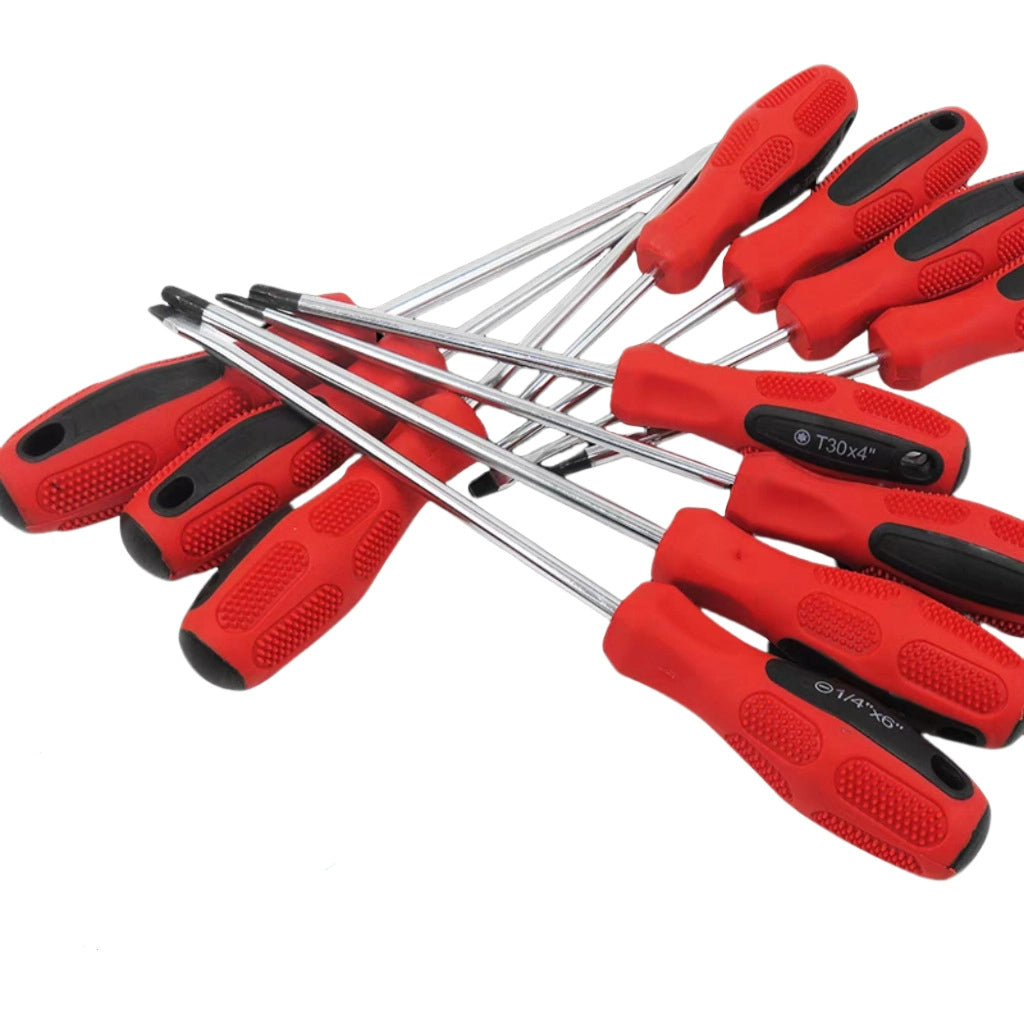 Set of red screwdrivers with black handles on a white background