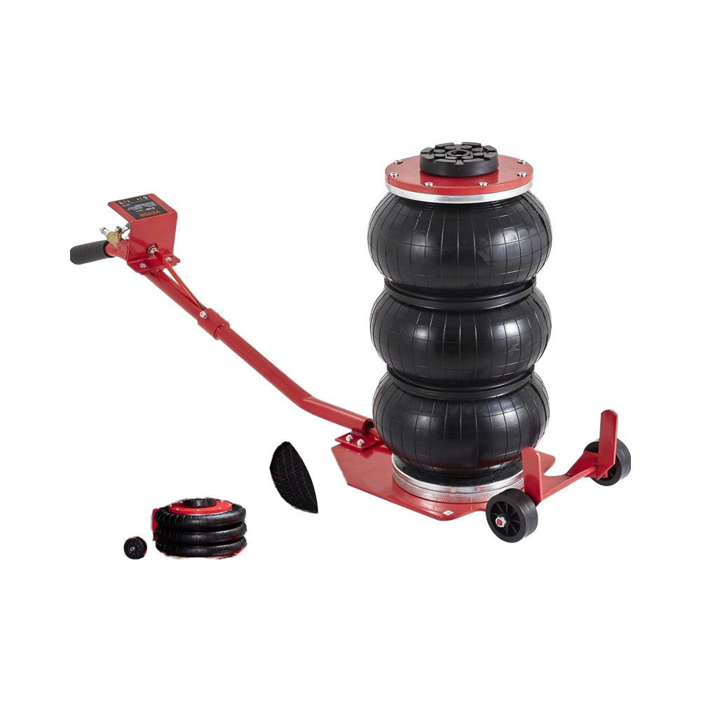 Red and black air jack with multiple air bags on a white background