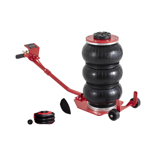 Red and black air jack with multiple air bags on a white background