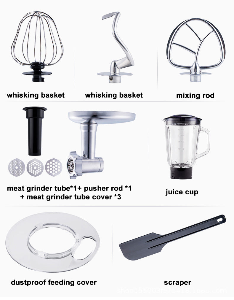 Set of kitchen appliance attachments including whisks, meat grinder, blender, and scraper on a white background.