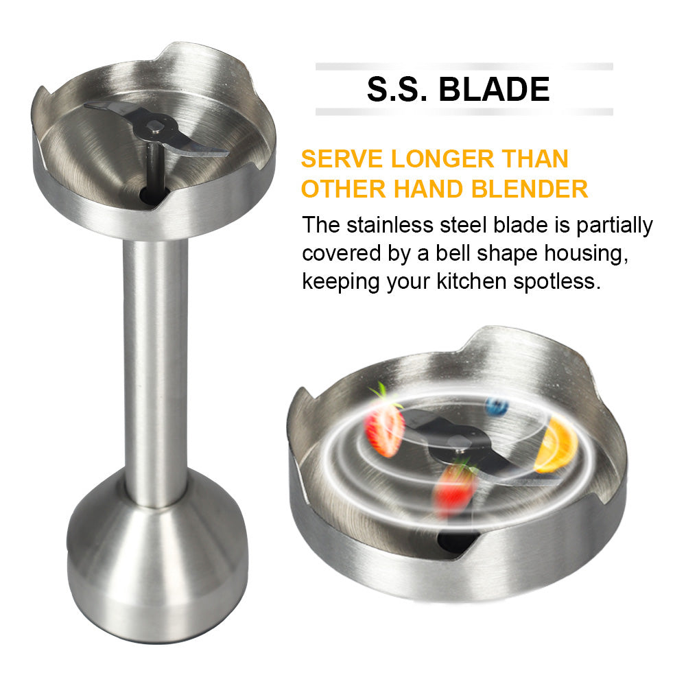 Stainless steel blade with bell-shaped housing and text highlighting its features on a white background.