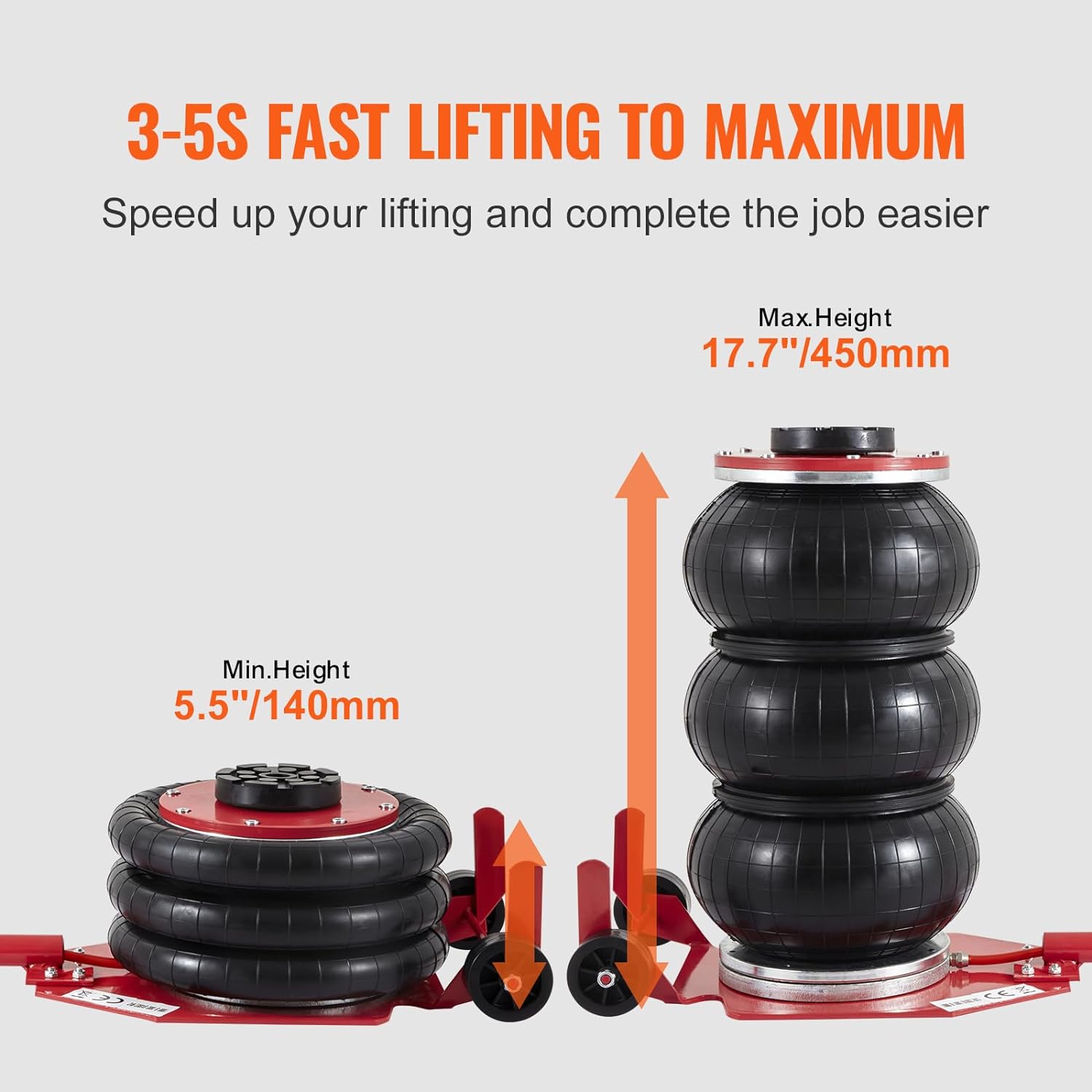 Air bag lifter with height measurement details on a white background