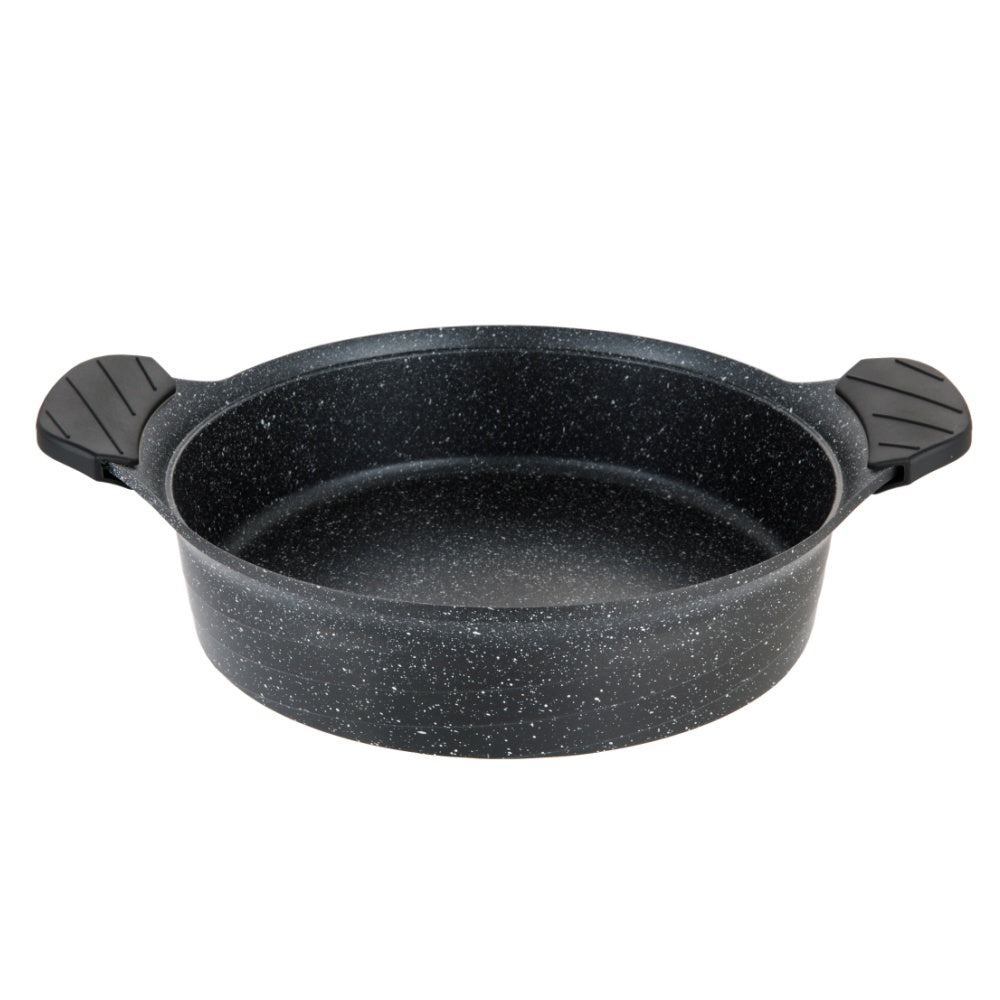 Aluminum baking pan with black speckles and handles on white background