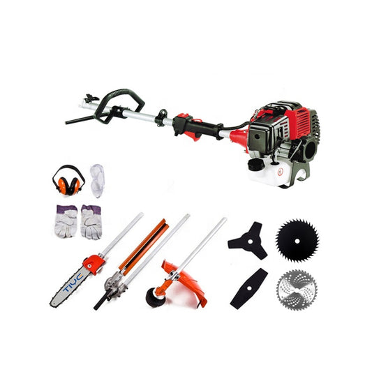 Gardening tool set with a brush cutter, accessories, and attachments on a white background