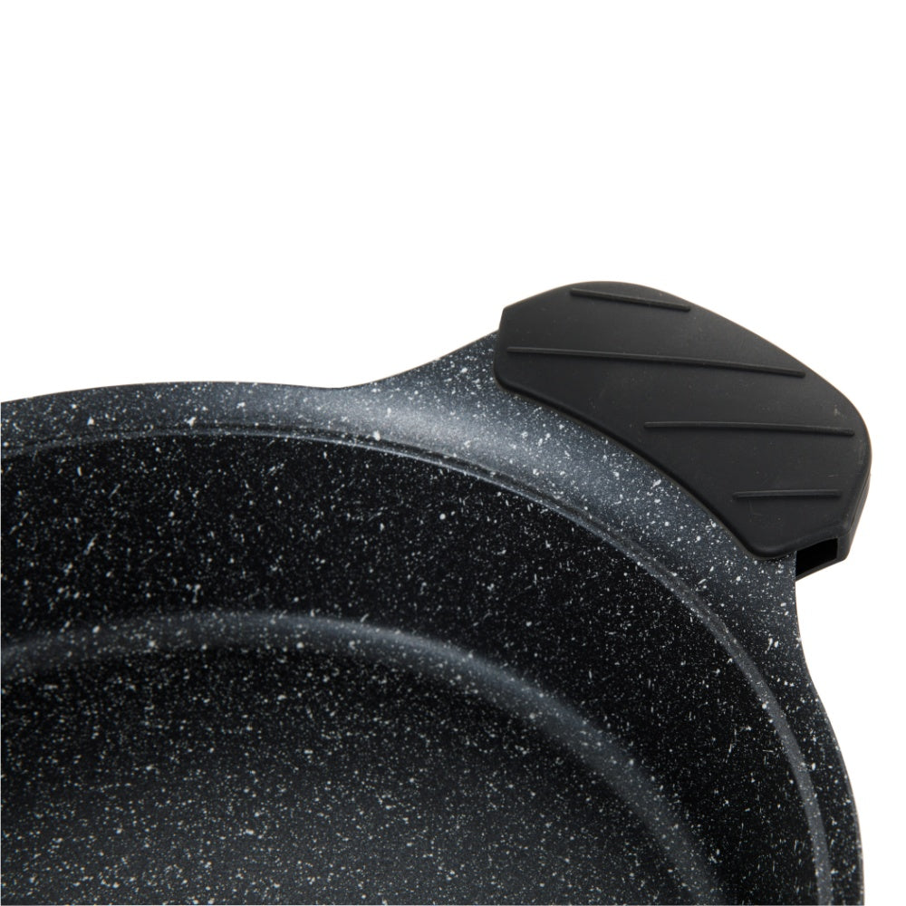Close-up of a black speckled frying pan handle on a white background