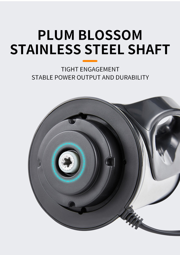 Stainless steel shaft with text highlighting features on a light gray background