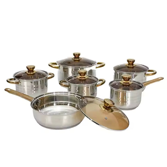 Set of stainless steel cookware with gold handles and lids on a white background