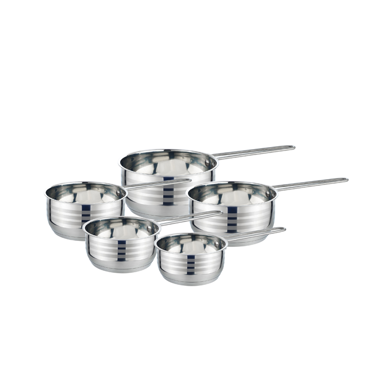 Set of stainless steel cookware on a white background