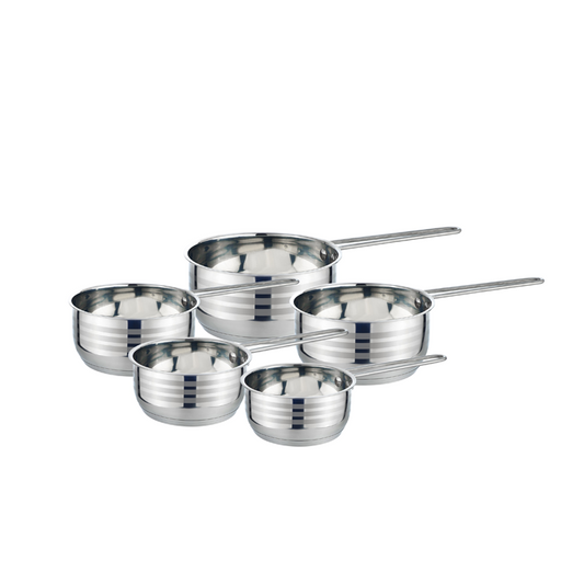 Set of stainless steel cookware on a white background