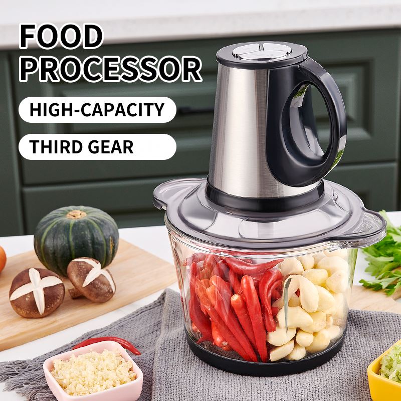 High-capacity food processor with ingredients on a kitchen counter