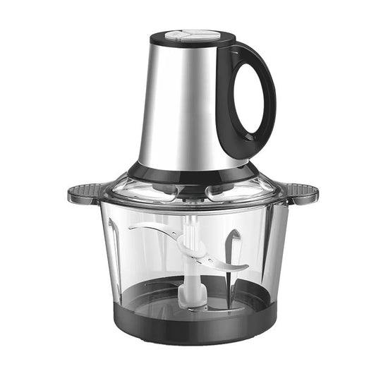 Black and silver food chopper on a white background