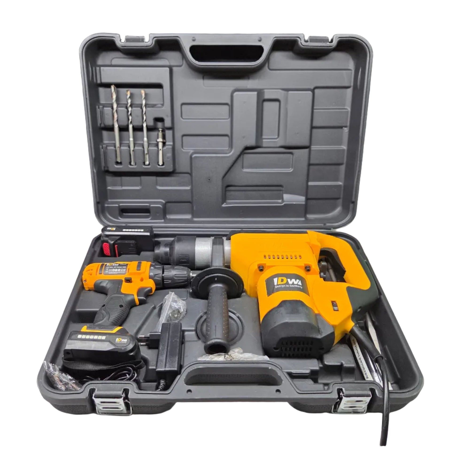 Hammer drill and cordless drill/driver in a case