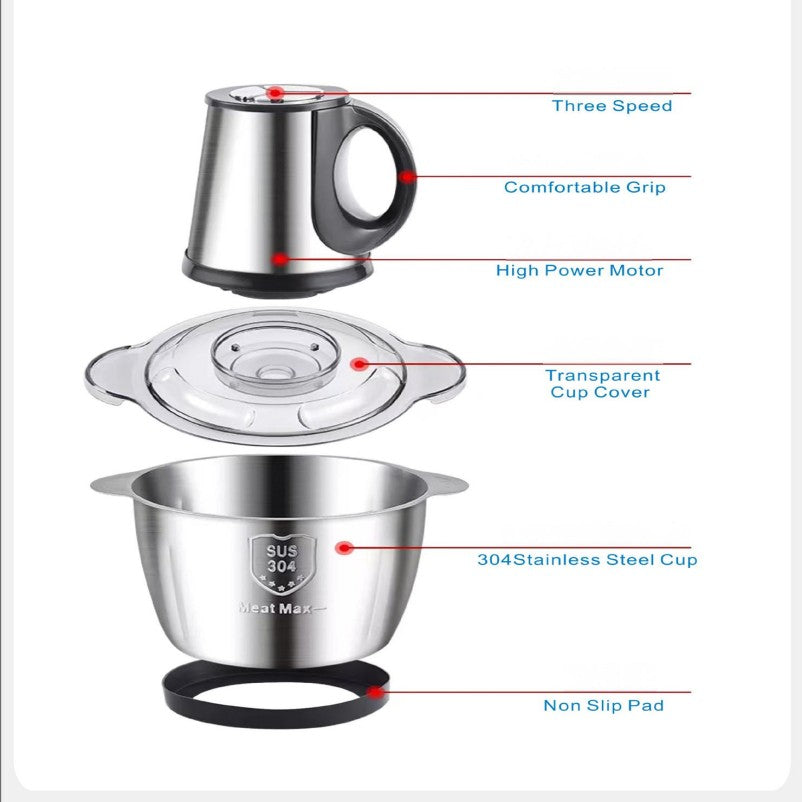 Stainless steel kitchen appliance with features highlighted on a white background