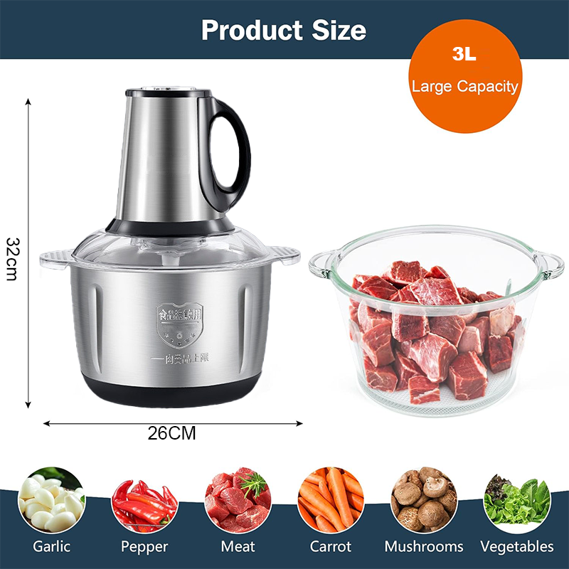 Stainless steel food chopper with dimensions and capacity details, shown with a bowl of chopped meat.