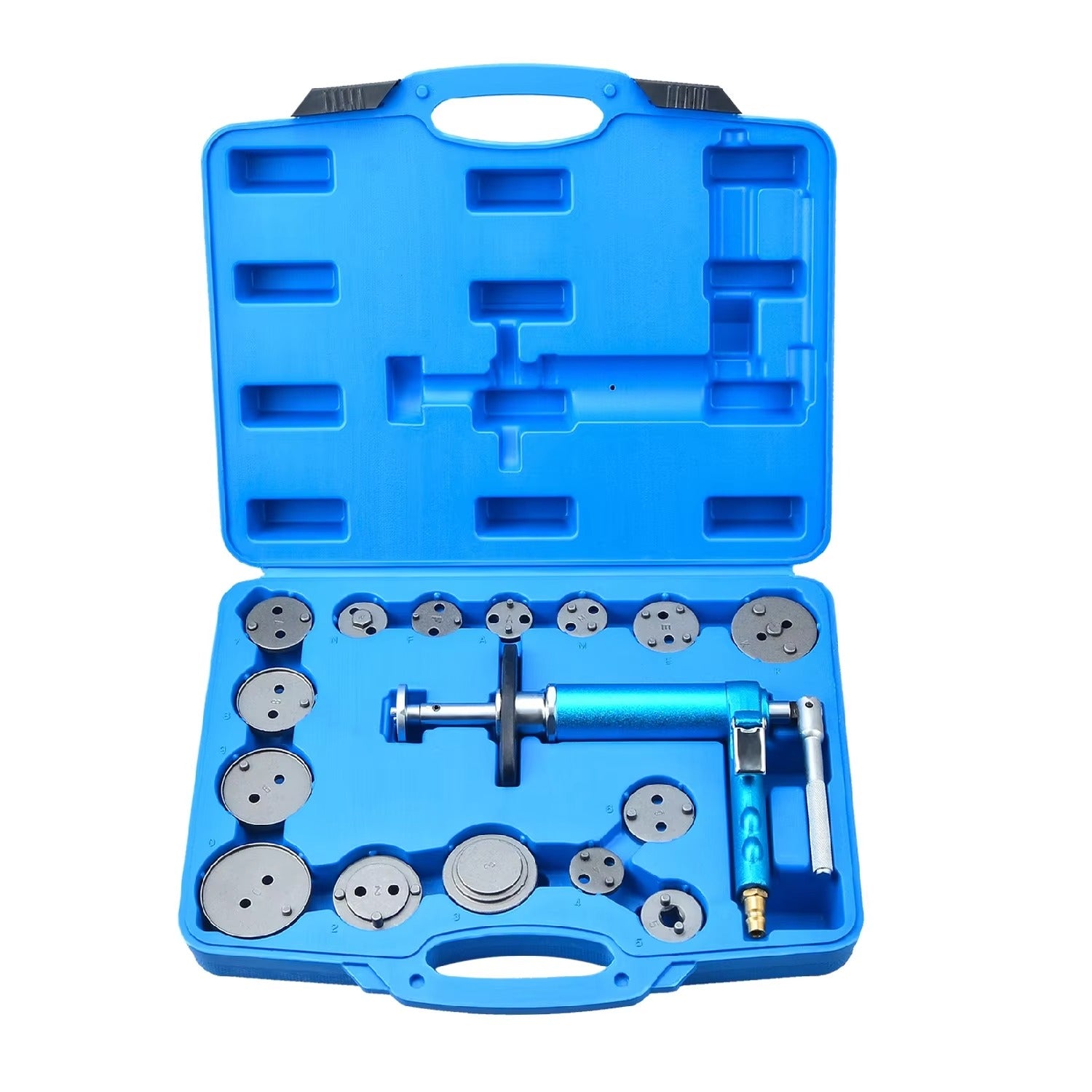 Blue tool kit with mechanical components on a white background