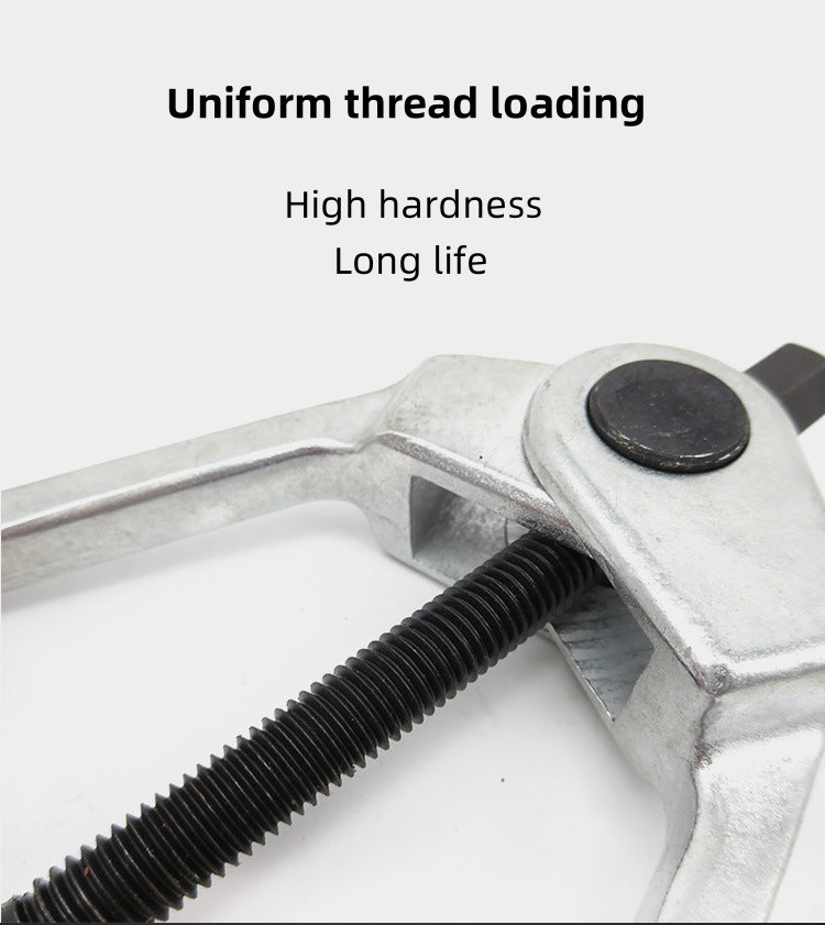 Metal clamping tool with text 'Uniform thread loading', 'High hardness', and 'Long life' on a white background.