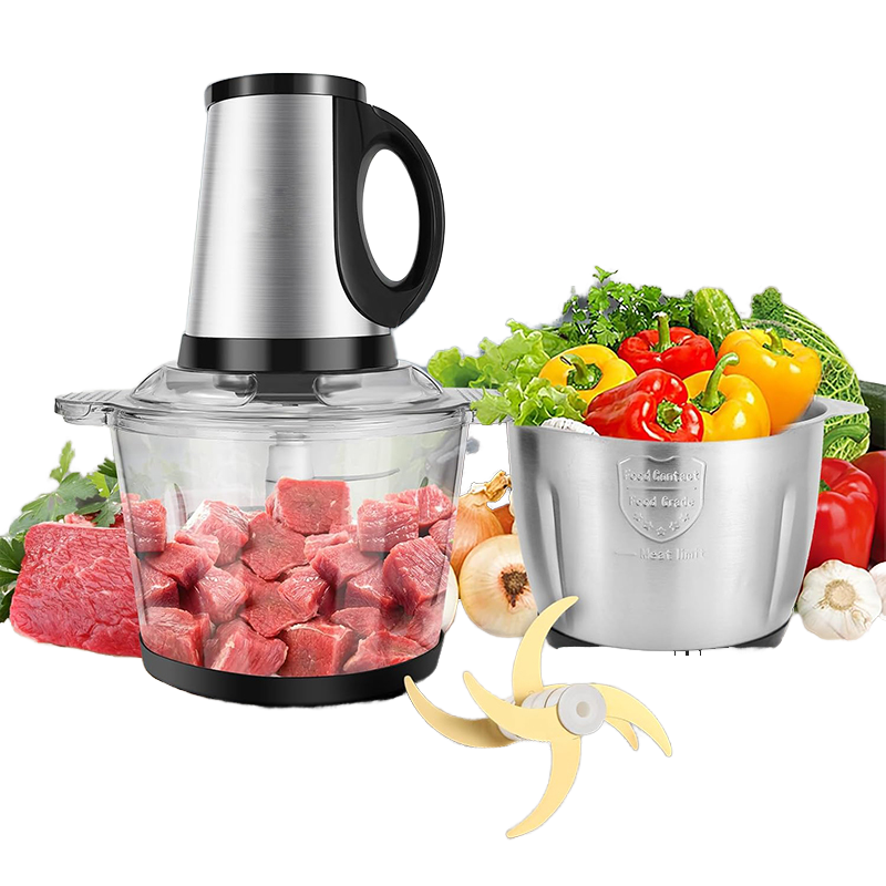 Stainless steel food chopper with ingredients and attachments on a white background