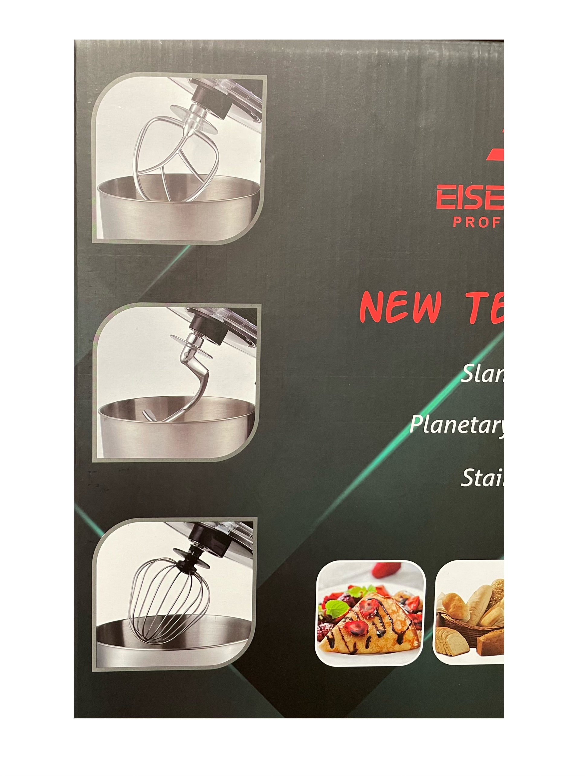 Eisen Professional kitchen mixer packaging with images of attachments and food items.