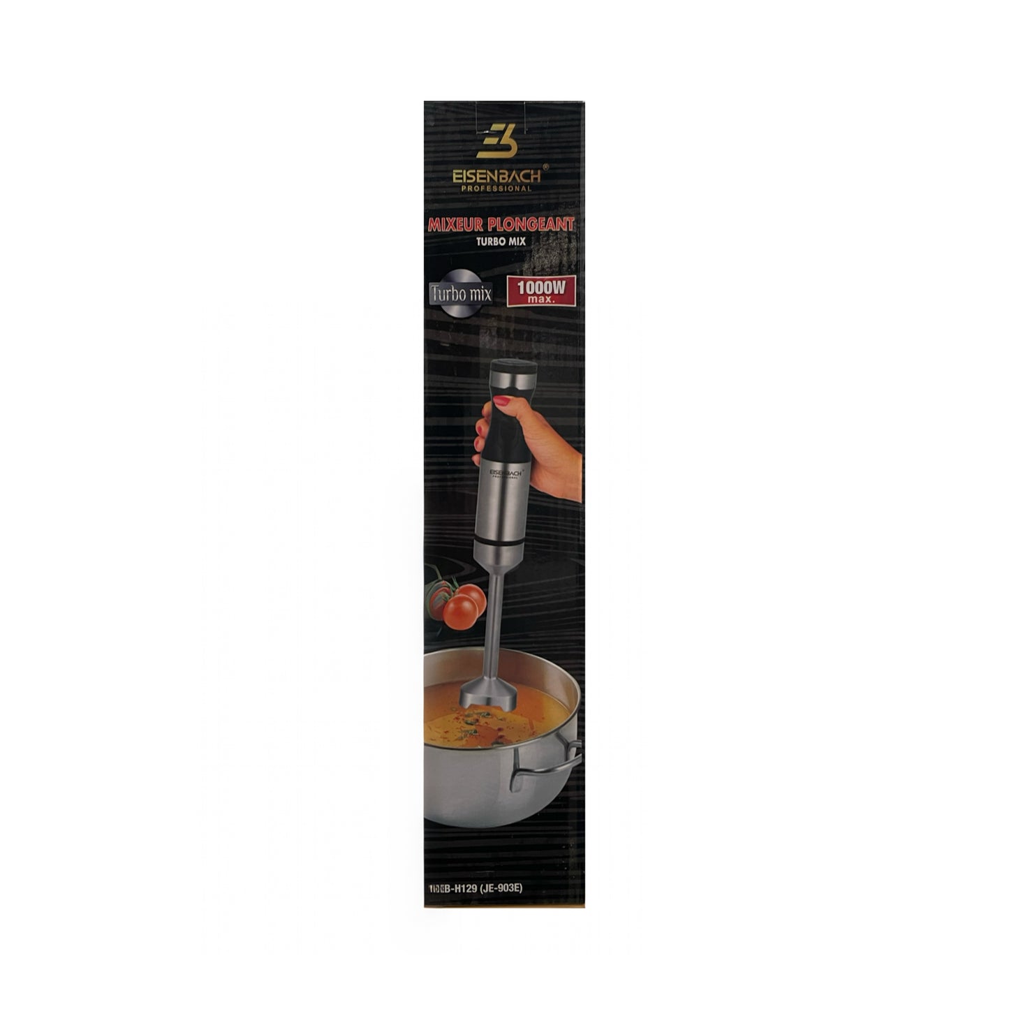 Packaging of EISENBACH Professional Turbo Mix iegremdšamais blenderis showing the blender being used to mix something in a bowl, with a black and silver color scheme.