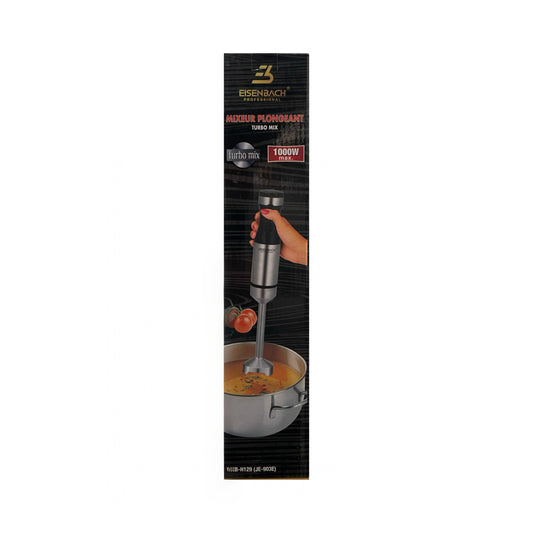 Packaging of EISENBACH Professional Turbo Mix iegremdšamais blenderis showing the blender being used to mix something in a bowl, with a black and silver color scheme.