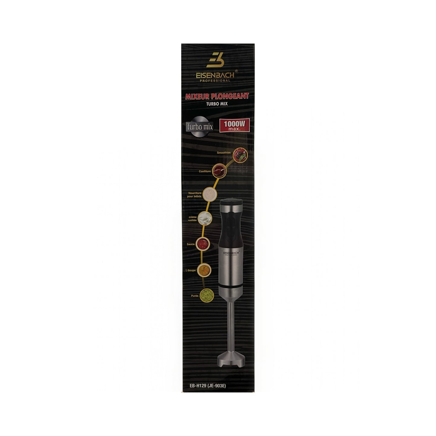 Packaging of EISENBACH Professional Turbo Mix iegremdšamais blenderis showing the blender being used to mix something in a bowl, with a black and silver color scheme.