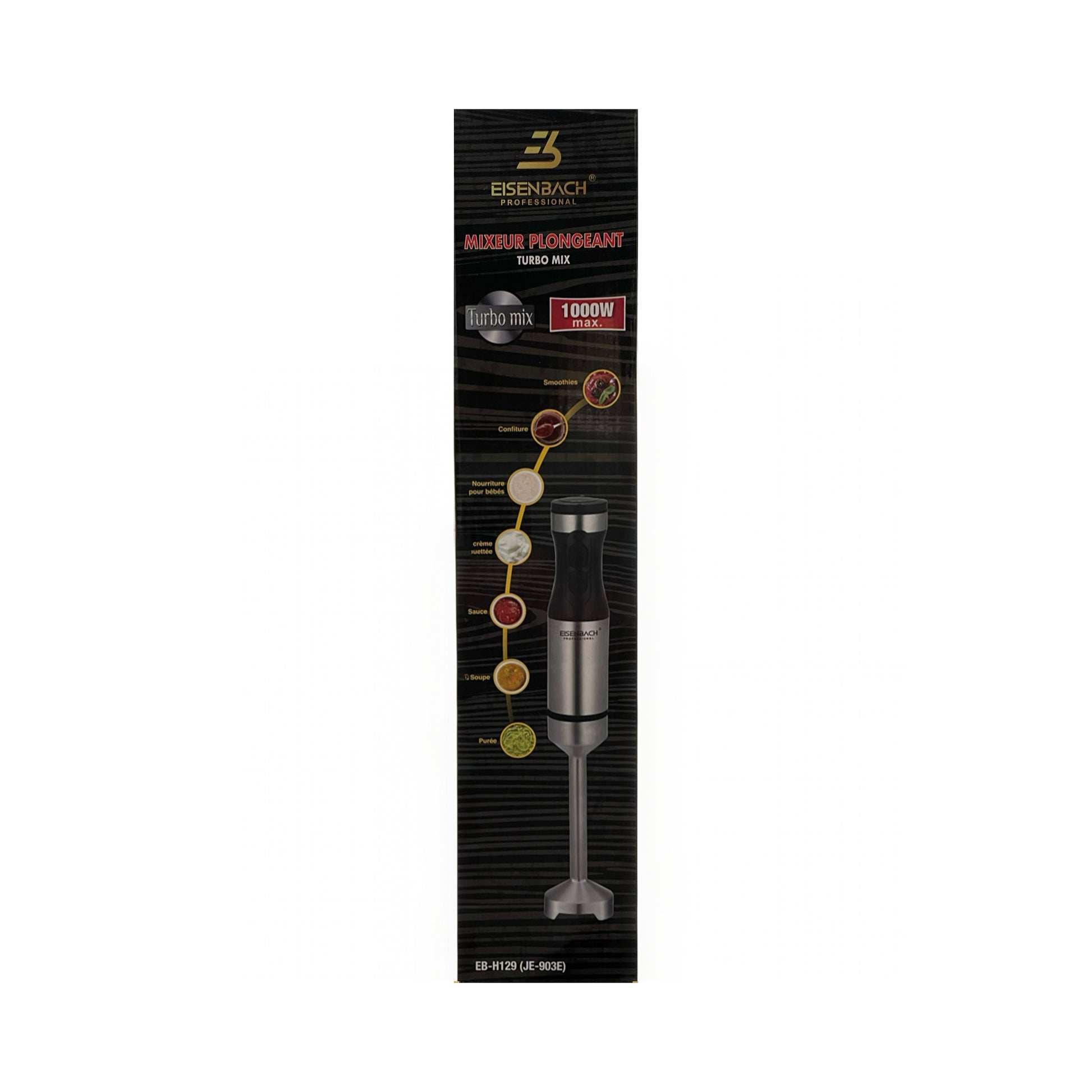 Packaging of EISENBACH Professional Turbo Mix iegremdšamais blenderis showing the blender being used to mix something in a bowl, with a black and silver color scheme.