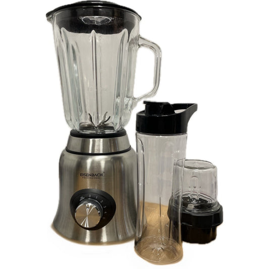 Smoothie blender with glass bowl, coffee grinder and smoothie bottle on white background