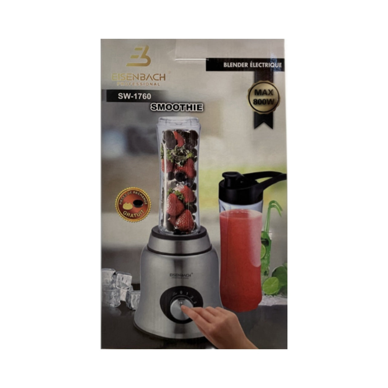 Blender packaging with a blender and smoothie on a white background