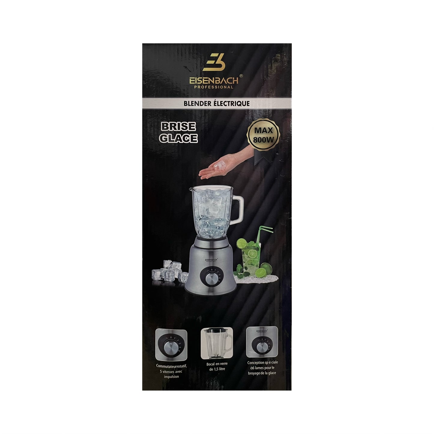 Eisenbach blender packaging with product image and features on a black background