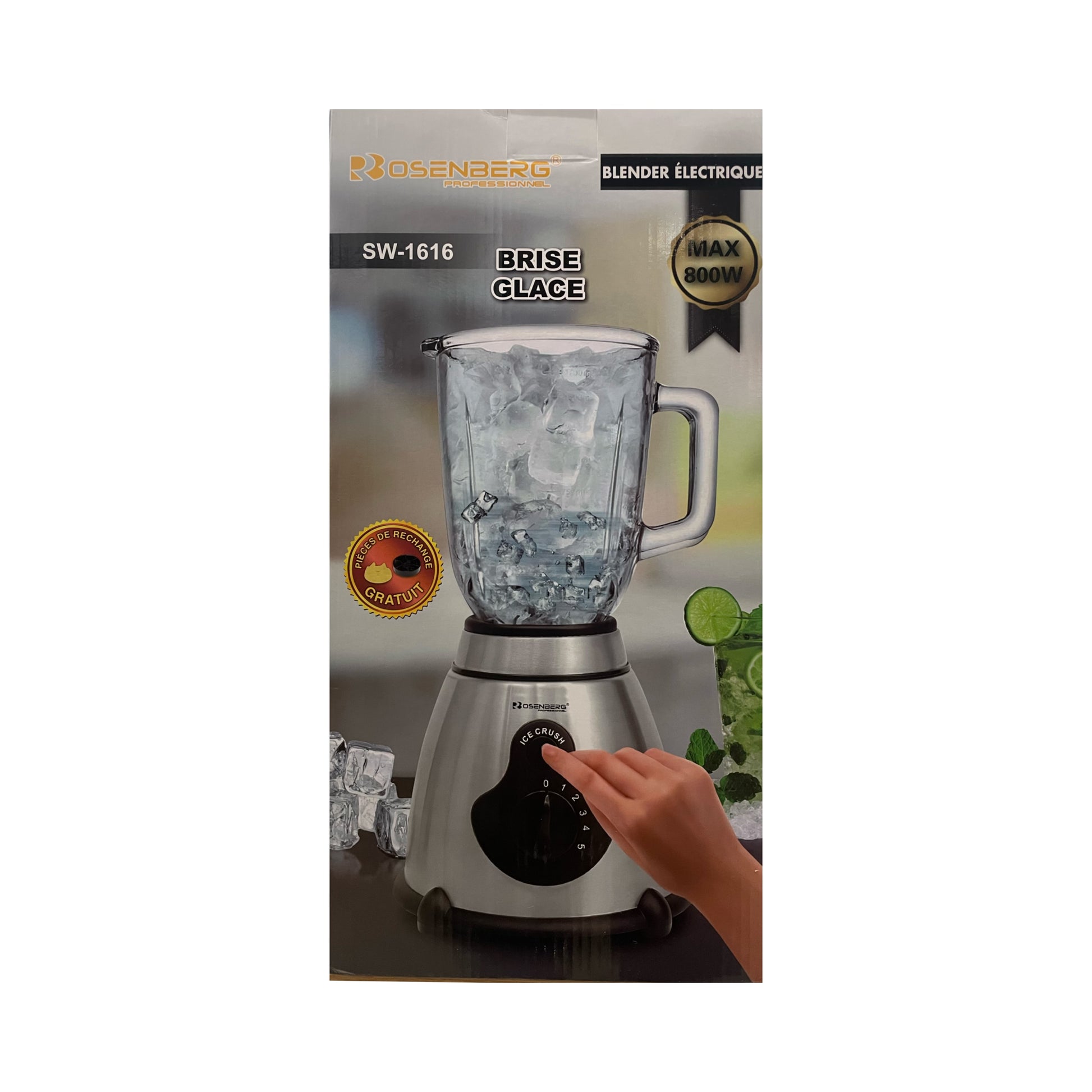 Blender packaging with a hand holding the blender on a white background