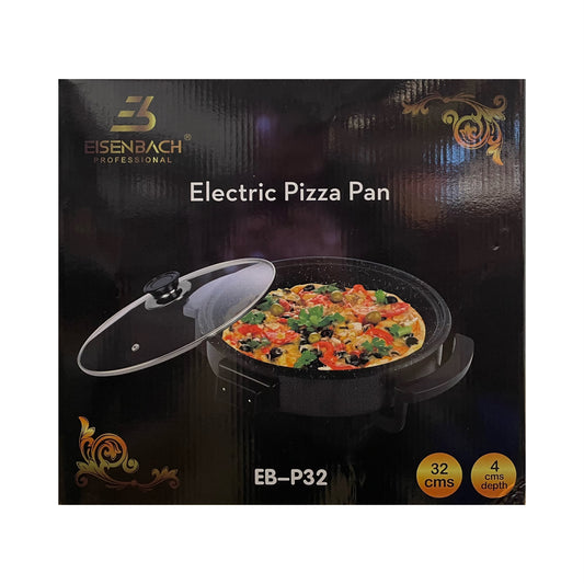 Electric pizza pan with lid on a black box, featuring Eisenbach brand.