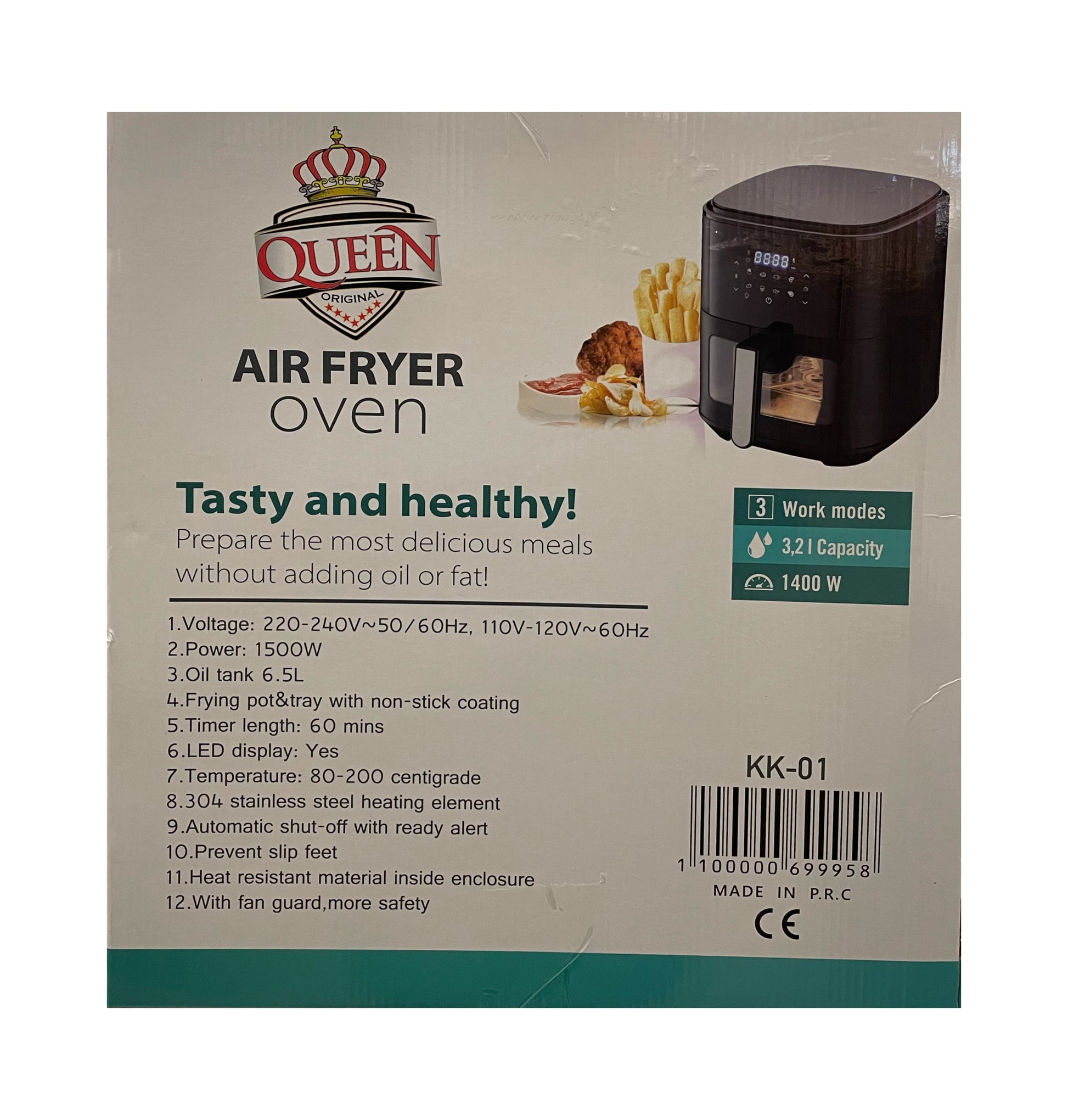 Box of a Queen air fryer oven with text and images on a white background