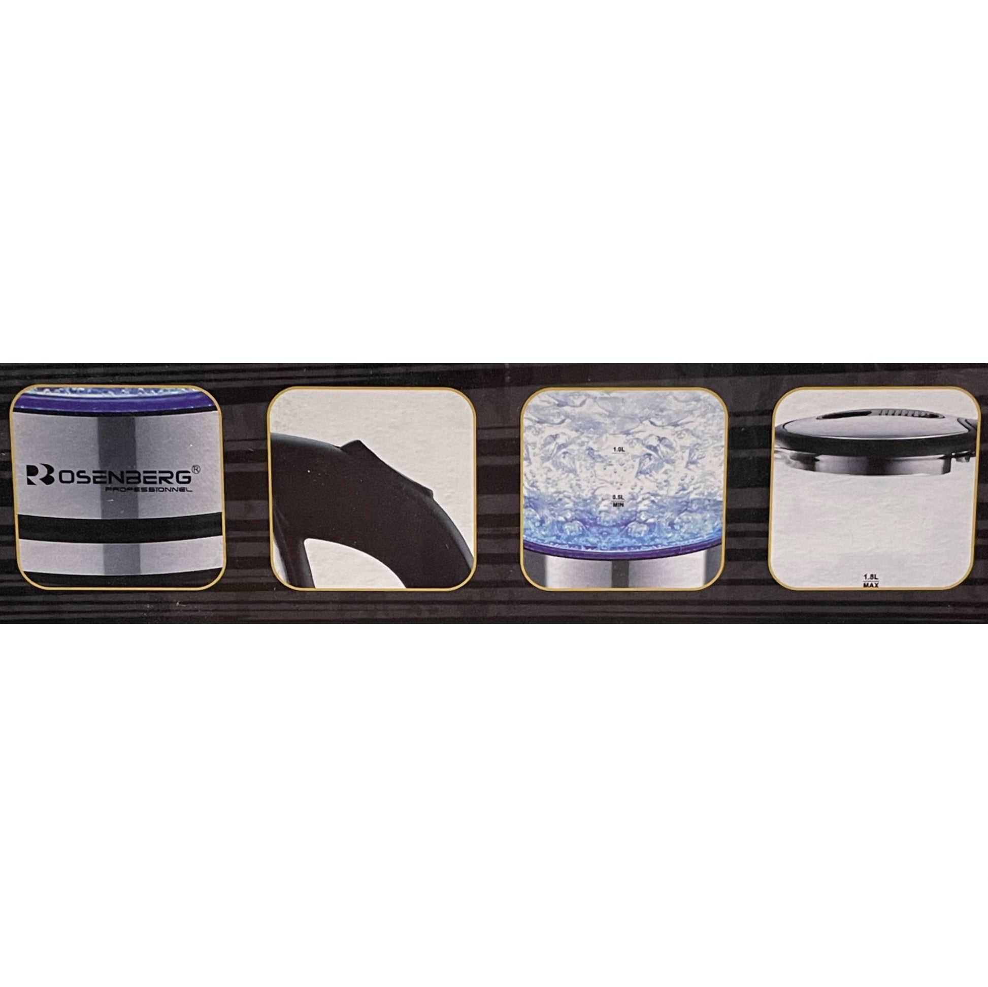 Four cylindrical containers with different designs on a black strip, featuring the Rosenberg brand.