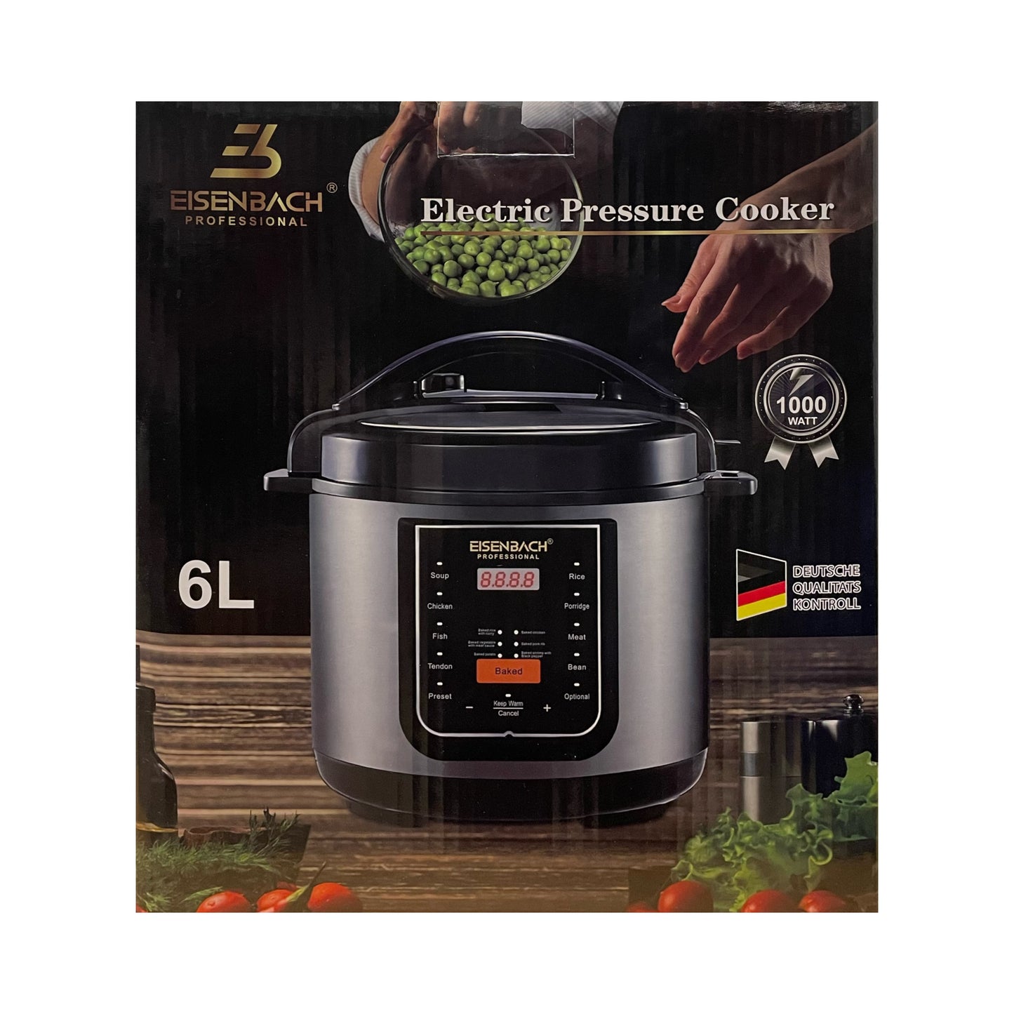 Electric pressure cooker with packaging featuring the brand name on a white background