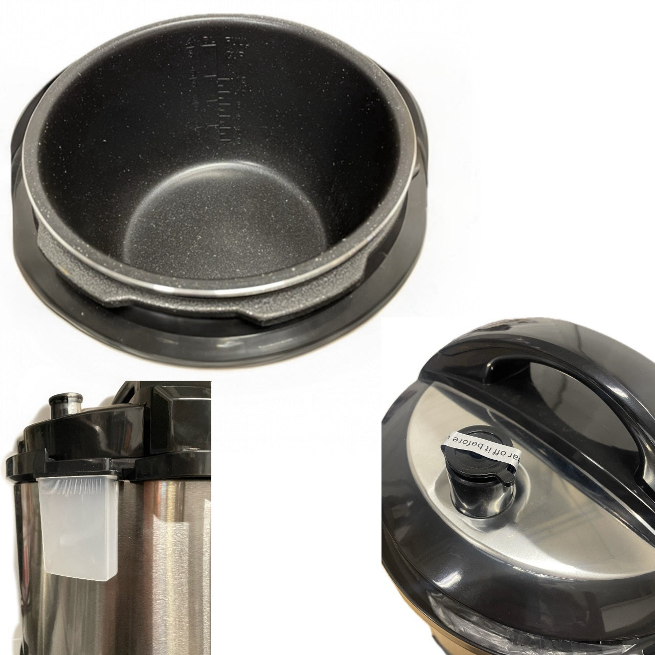 Collage of pressure cooker parts including a lid, pot, and handle on a white background.