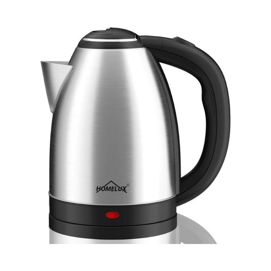 Stainless steel kettle with black handle on a white background