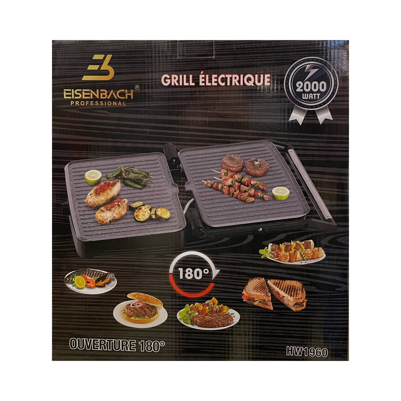 Eisenbach electric grill packaging with food images and product details.