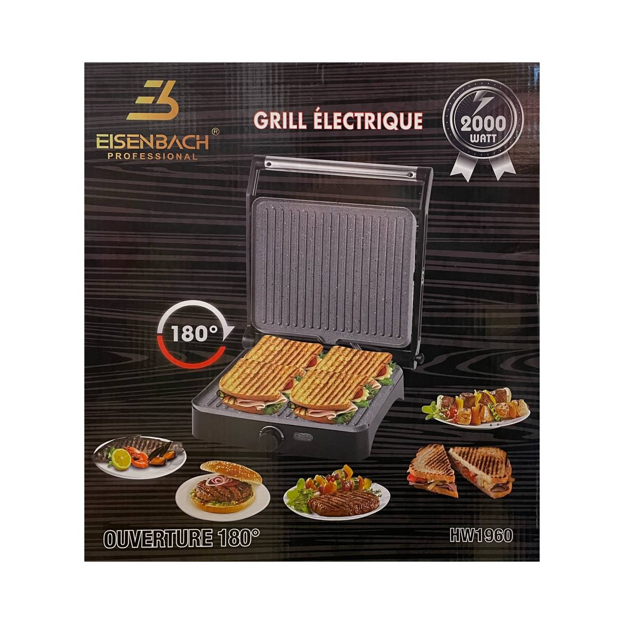 Electric grill with food images on a black background, featuring Eisenbach branding.