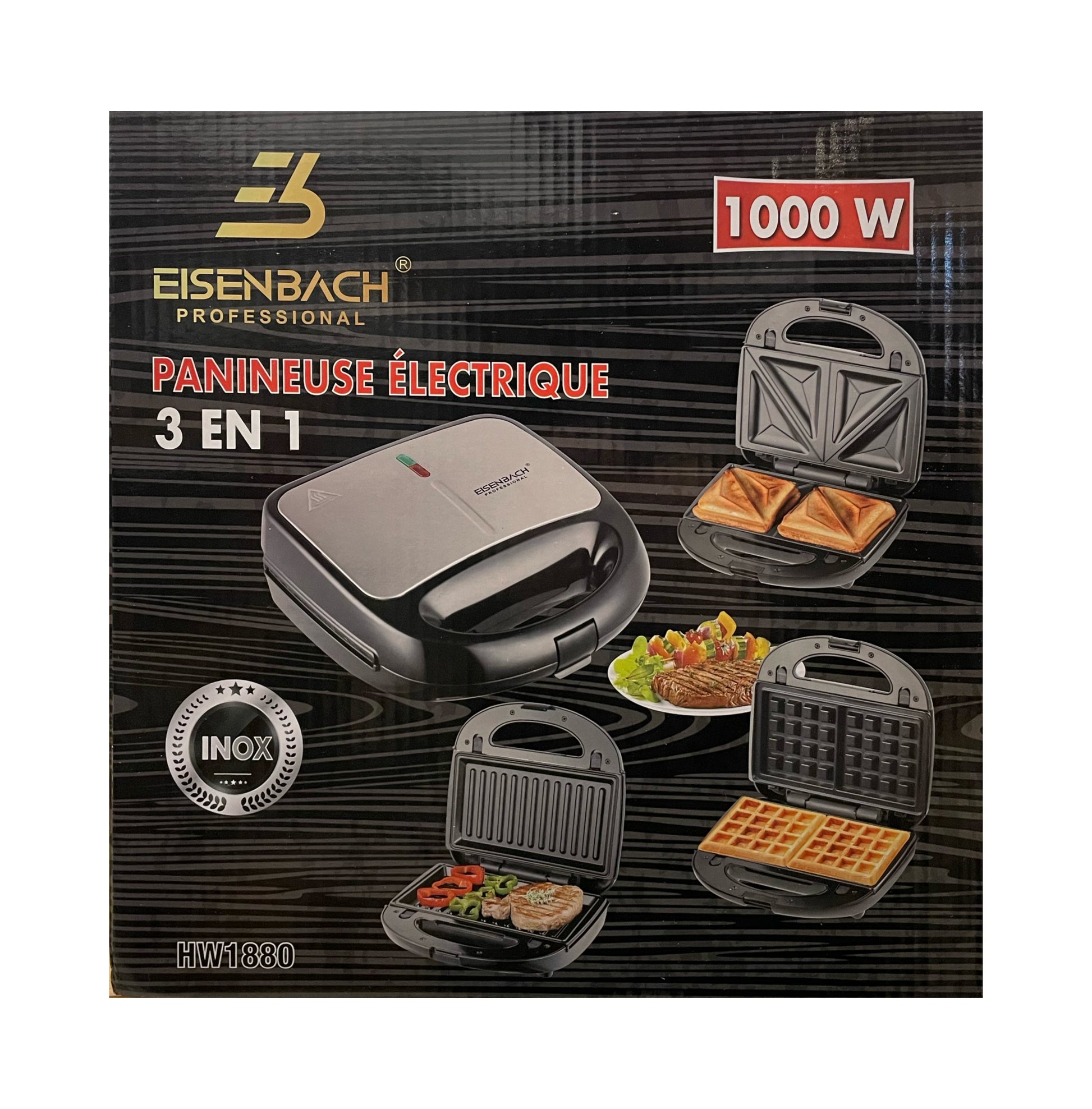Eisenbach 3-in-1 sandwich maker packaging with images of different food items.