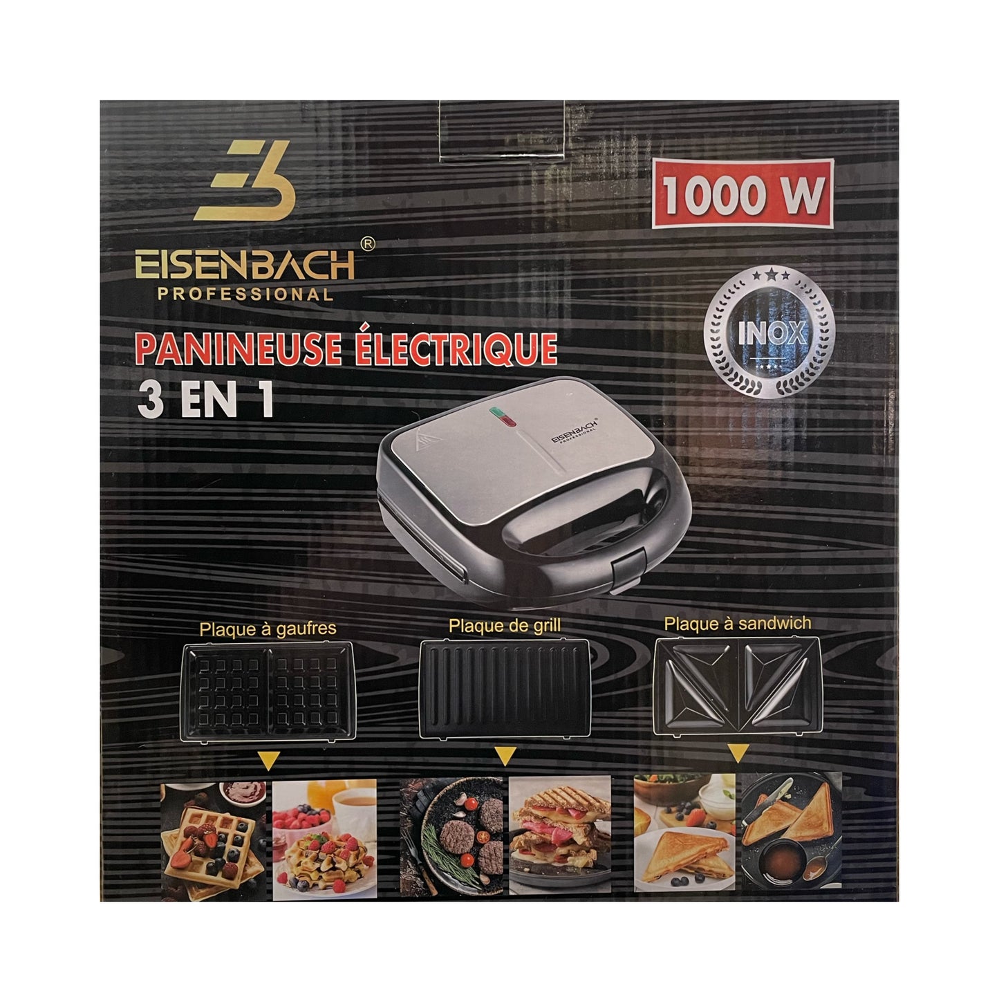 Eisenbach professional sandwich maker packaging with images of food items.