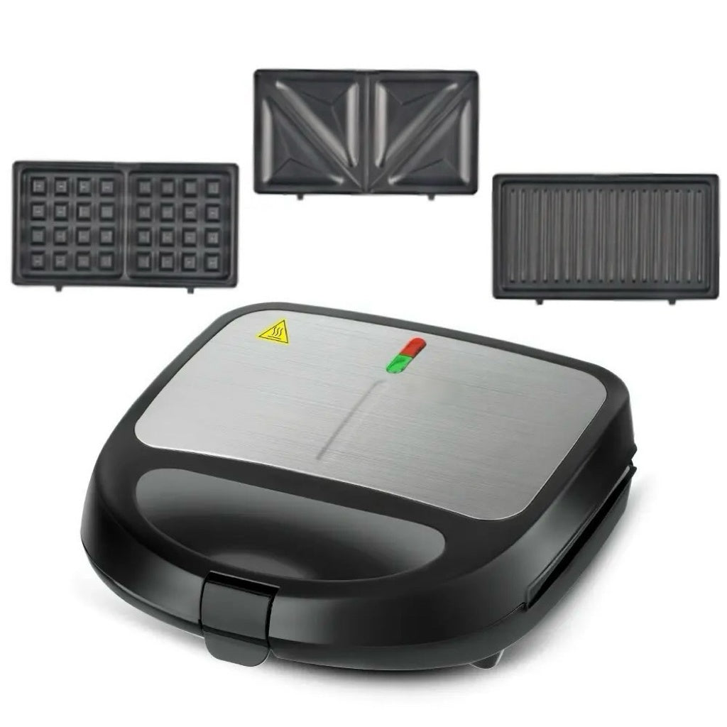 Multifunctional grill with waffle, sandwich, and grilling plates on a white background