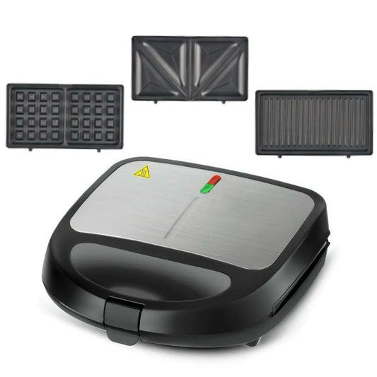 Multifunctional grill with waffle, sandwich, and grilling plates on a white background