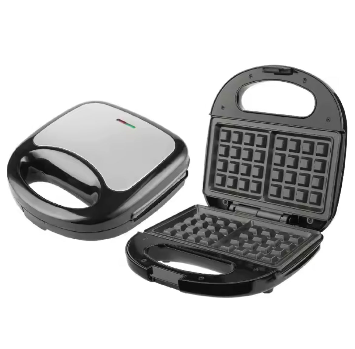 Black waffle maker with open lid on a white background