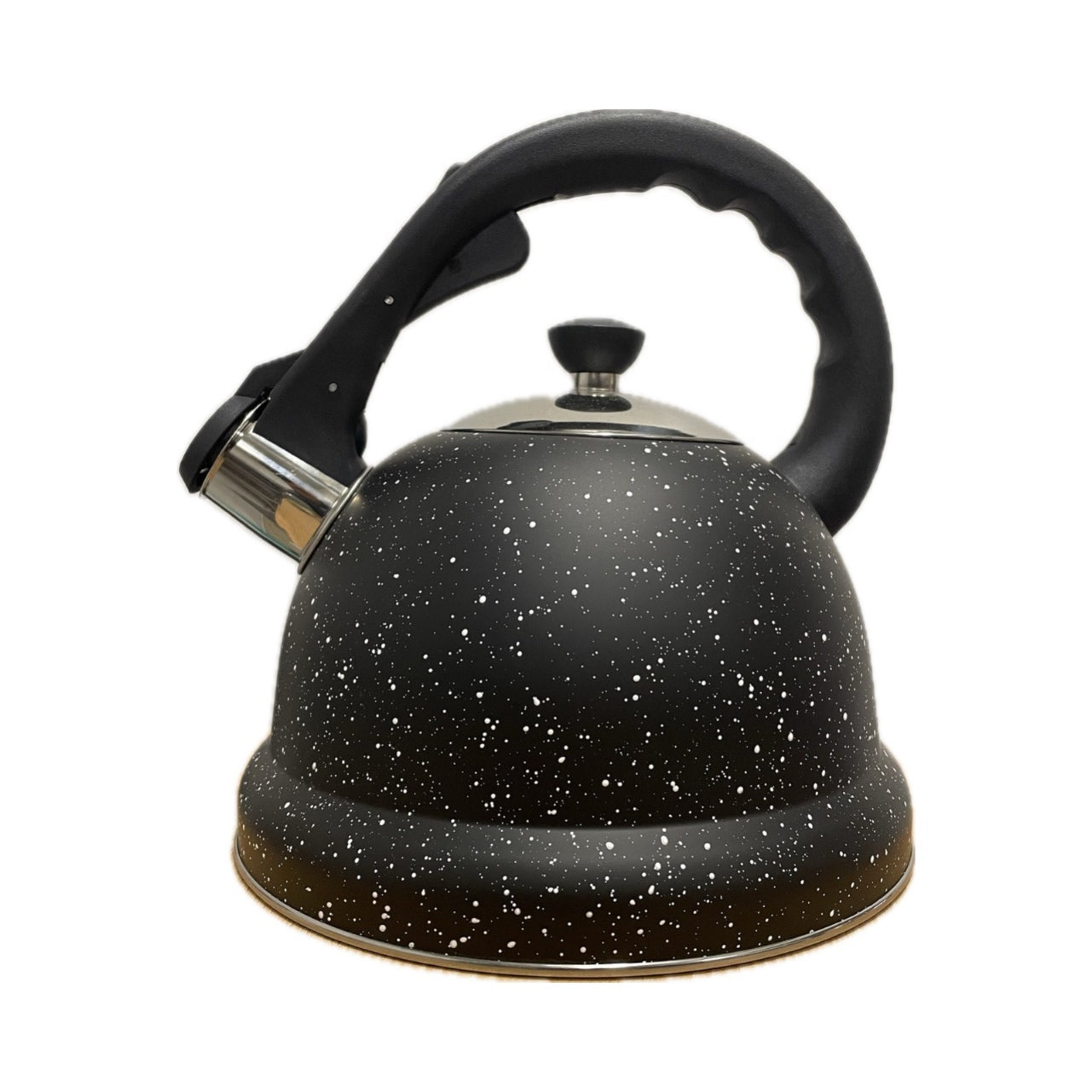 Black stainless steel teapot with black handle and whistle on white background