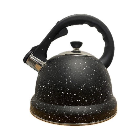 Black stainless steel teapot with black handle and whistle on white background