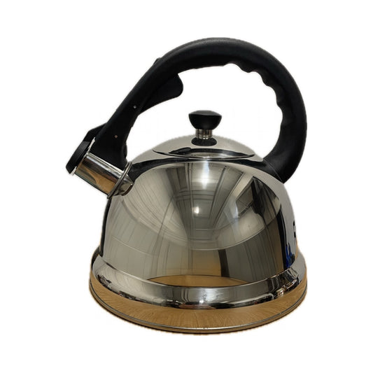 Stainless steel kettle with black handle and whistle on white background