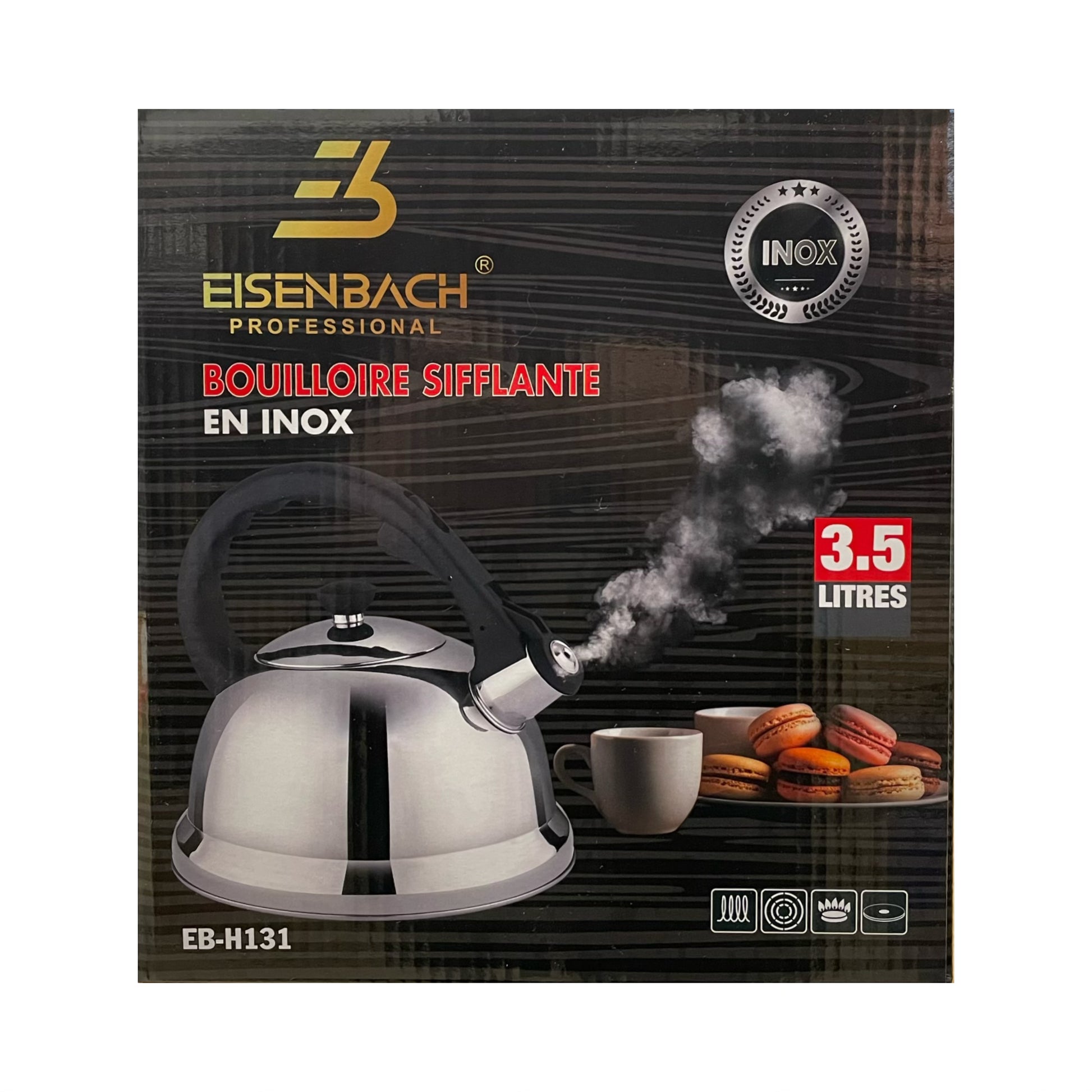 Eisenbach professional stainless steel whistling kettle packaging with product image and branding.